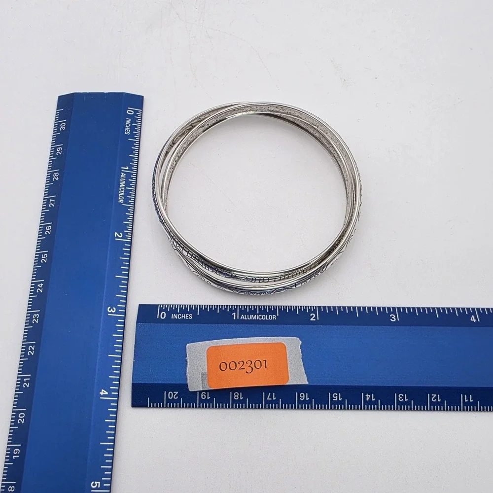 Vtg BRIGHTON 'Avenue' Bracelet Etched Double Interlocked Bangles‎ Silver Plated